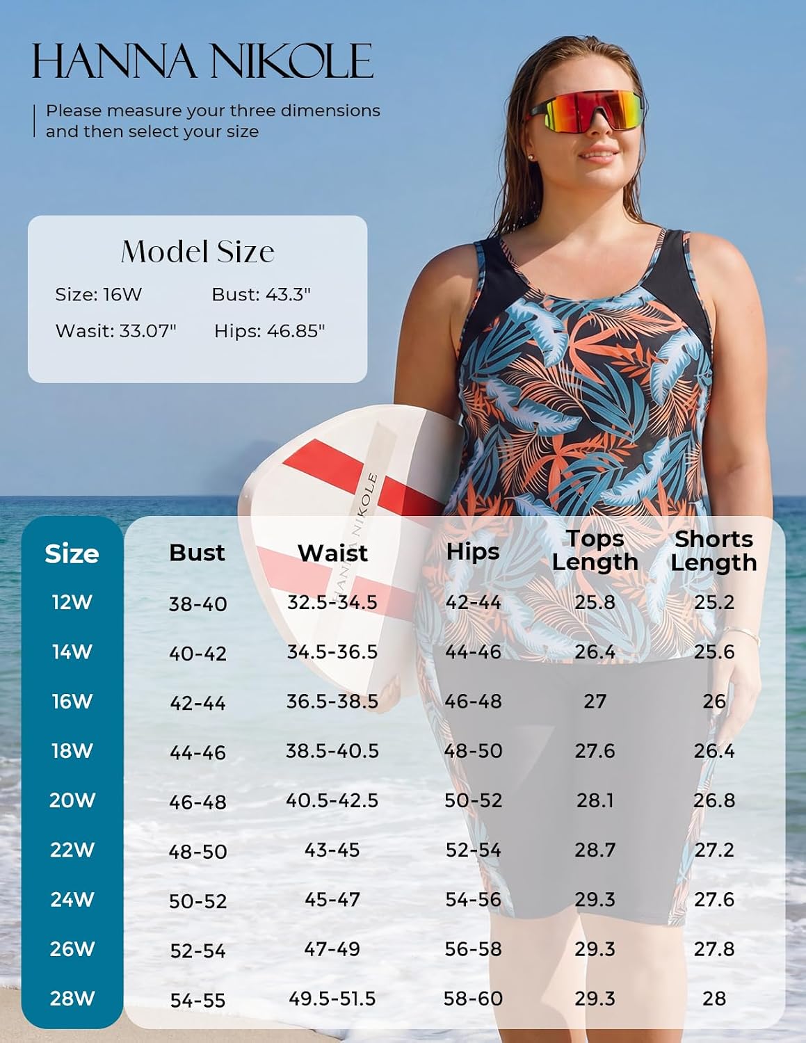 Hanna Nikole Women's Plus Size Tummy Control Tankini Swimsuits Color Block Bathing Suits with Shorts Knee Length