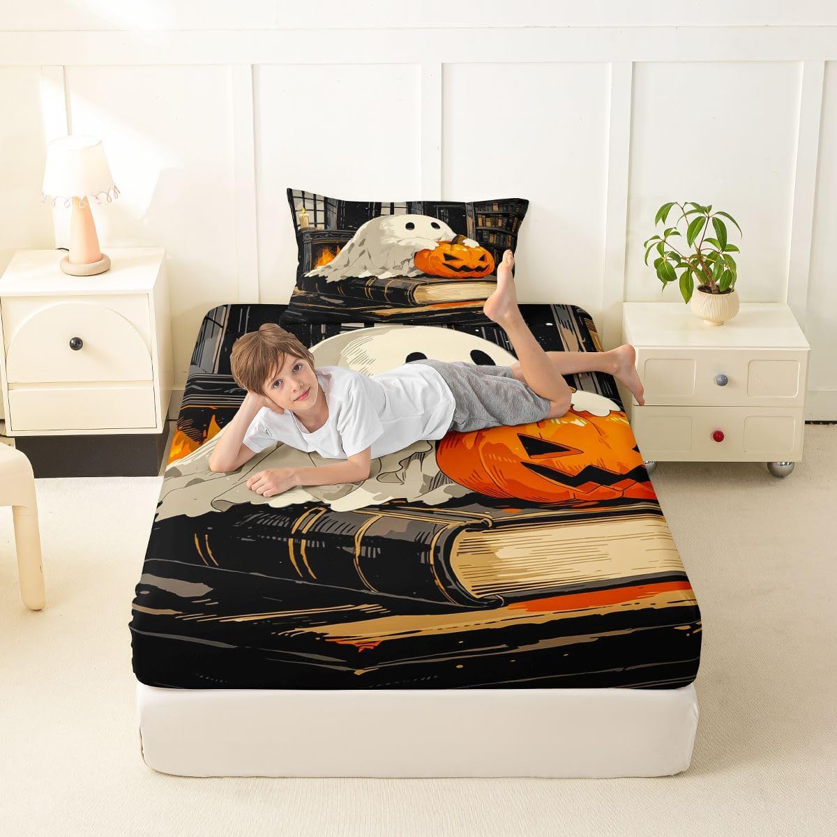 Erosebridal Ghost Pumpkin Fitted Sheet Set Twin Size for Boys Girls