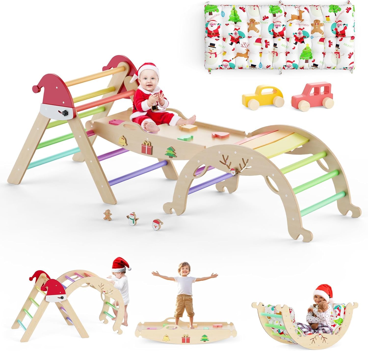 12 in 1 Pikler Triangle Set with Cushion Christmas Montessori Toddler Climbing Toys Indoor Playground Foldable Baby Climbing Gym Jungle Gyms with Maze, Shape Sorter, Car Toys