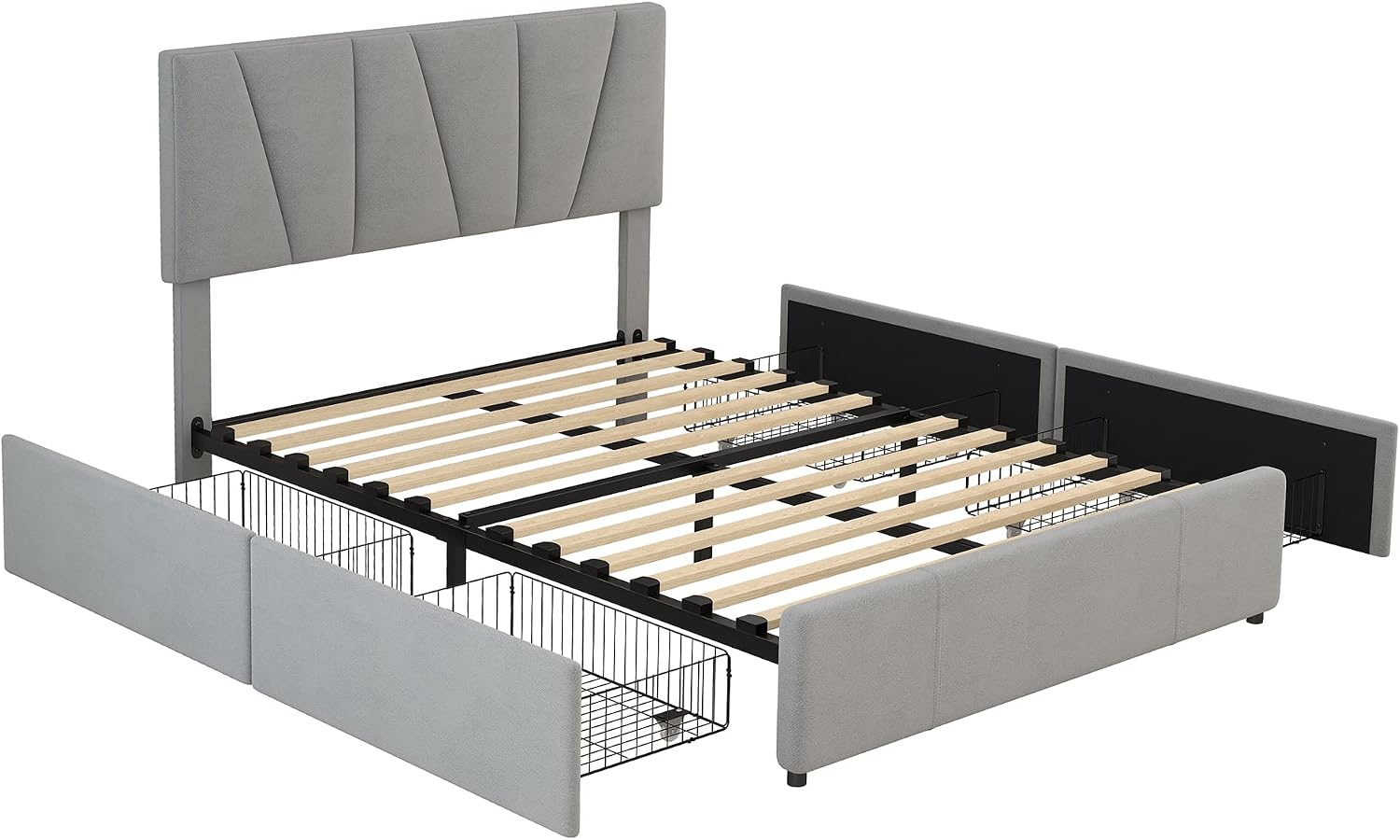 A explodat view of Moimhear bed components including headboard, side rails, footboard, slats, and four detached storage drawers.