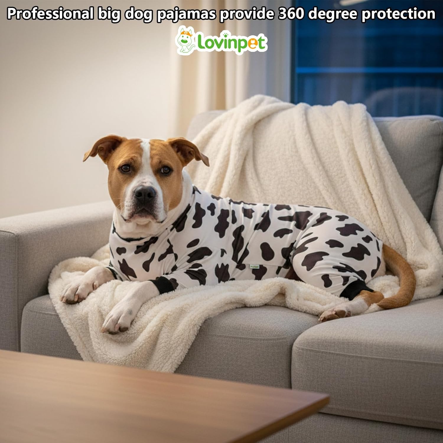 LovinPet Large Dog Pajamas, Dog Pajama, All-Season Animal Print 4-Leg Cotton Blend Onesie, Ribbed Cuffs, Warm Pajamas for Pitbulls and Big Breeds, Black White, XL