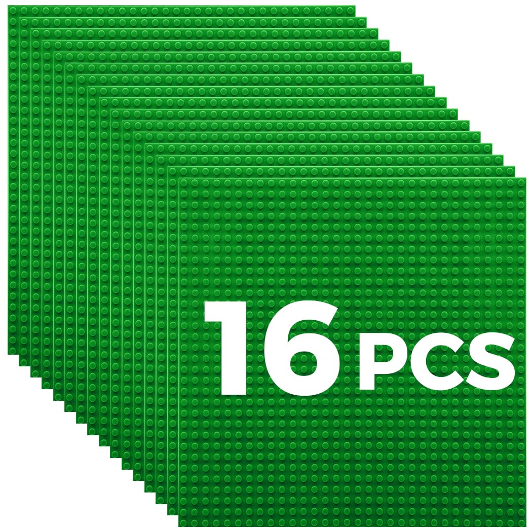 Classic Baseplates Building Plates-10" x 10" Building Boards,100% Compatible with All Major Brands and Activity Table, Creative Platforms Mats for Toy Bricks (Green-16, 16 Pack)