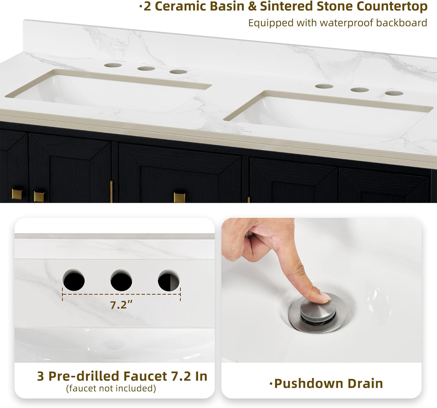 DWVO 47 Inch Bathroom Vanity with Double Sink, Retro Bathroom Storage Cabinet with Sintered Stone Countertop, Six Holes, 4 Doors & 3 Drawers