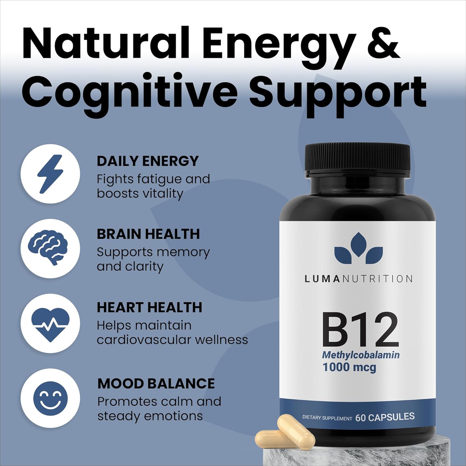 Luma Nutrition Vitamin B12 Methylcobalamin 1000 mcg - High Potency Vegan Supplements for Men & Women - Energy & Metabolism - Pure B12 Vitamins - 60 Capsules - Made in USA