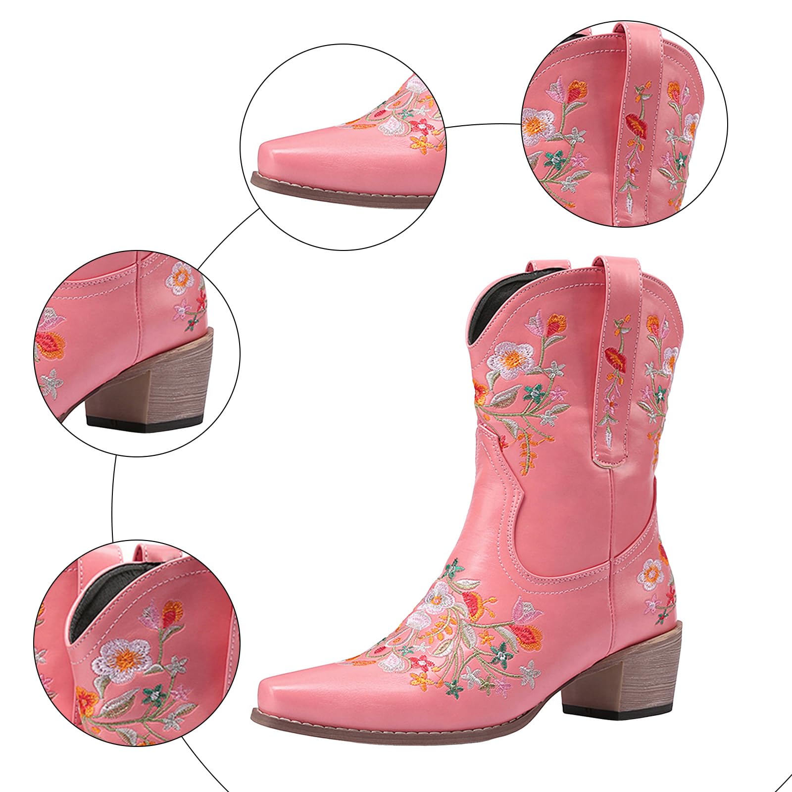 Botines de vaquero para mujer, de piel, diseño floral, bordados, botas de media caña para mujer, botas medianas, botines vintage