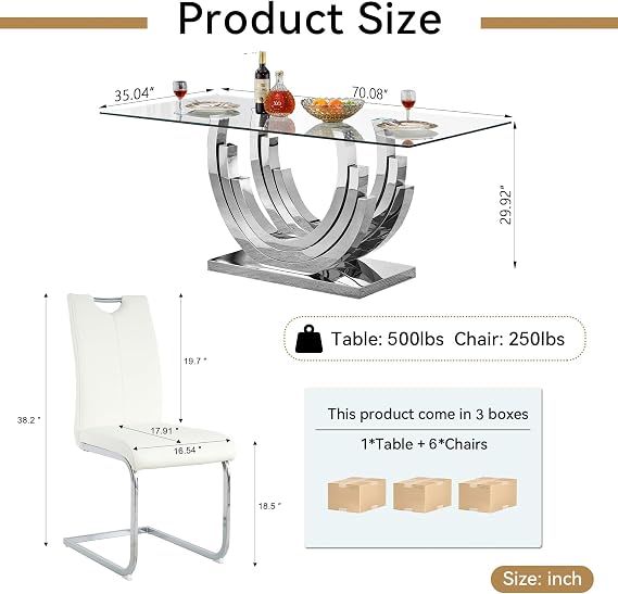 Glass Dining Table Set,70'' Kitchen Room Table Sets for 6,7 Pieces Modern Rectangular Table and 6 Soft PU Leather Chairs with Silver Circle-Shaped Stainless Steel Base for Home Restruant
