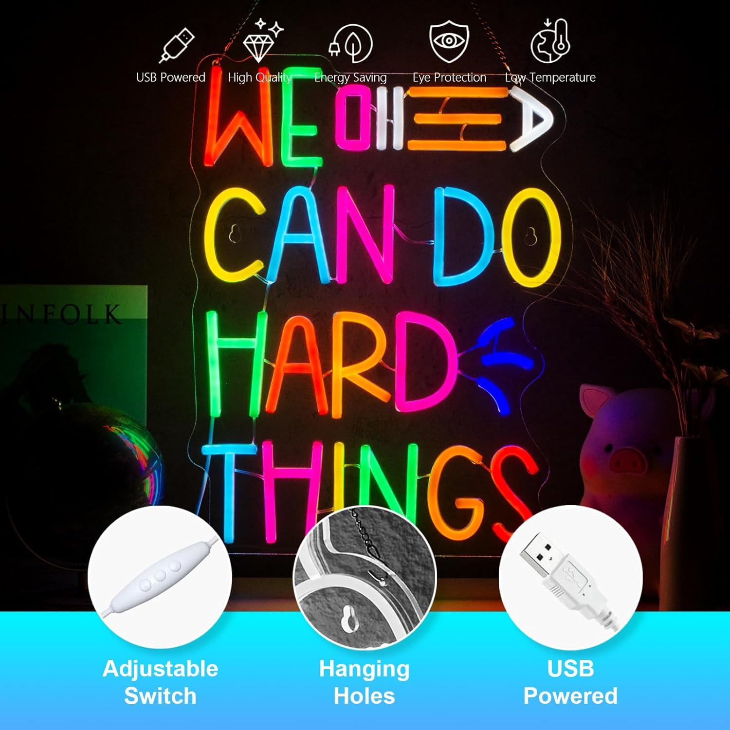We Can Do Hard Things Neon Sign Do Hard Things Neon Signs for Wall Decor Pencil USB Dimmable LED Lights for Student Suitable for Classroom Bookstore Library Museum Study Room Gift for Teen Boys Girls Christmas