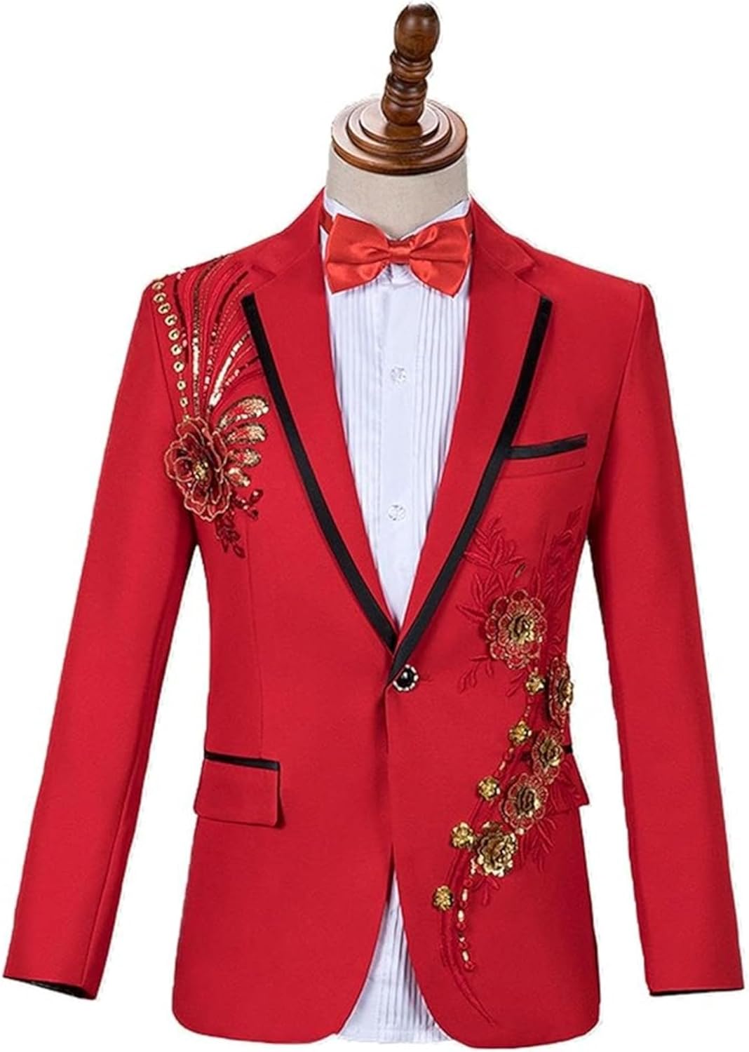 Mens Wedding Elegant Dress Suit 2 Pieces Luxury Embroidered Suits 1 Button Print Dinner Blazer Jacket Pants (RedB1,Large)