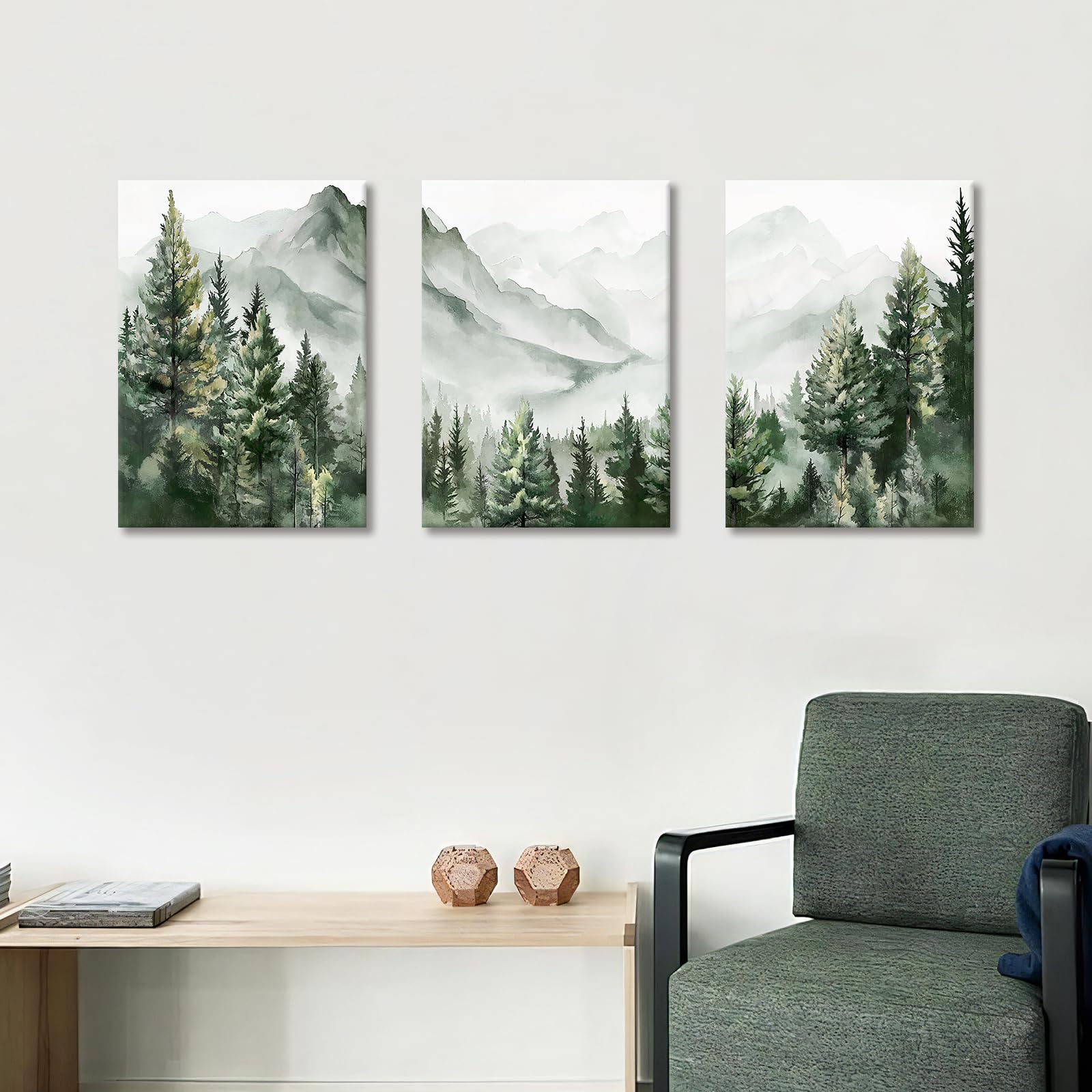 3 Pcs Wooden Framed Canvas Wall Art Set Bohemian Sage Green Canvas Prints Poster Geometric Line Beige Green Pictures for Living Room Bedroom Dinning Room Hallway Stairs Wall Decor 30x40cm x3pcs — view 194