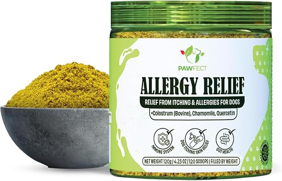 Pawfect Allergy Relief Food Topper Supplement for Dogs - Colostrum with Chamomile & Quercetin - Itching Relief - Immune Support - Healthy Gut Microbiome - Fights Seasonal Allergies 120g/4.23oz
