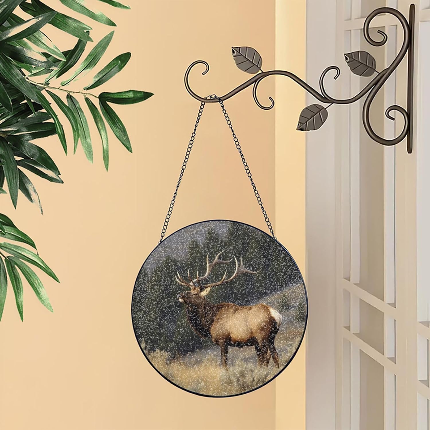 Stained Glass Window Hanging 10in（25cm）, Bull Elk Sun Catchers Indoor Window, Stained Glass Suncatcher Ornament with Metal Chain, Wall Art Home Decor Gift for Women Mother's Day