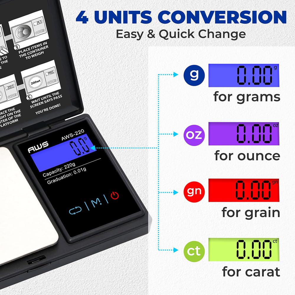 American Weigh Scales AWS-220-BLK - Báscula digital de bolsillo de la serie AWS con pantalla LCD, mide con precisión 220 g x 0,01 g, (negro),