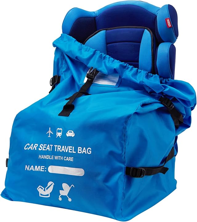 Clearworld Foldable Car Seat Travel Bag, Gate Check Backpack, Blue | Universal Fit, Padded Straps Car Seat Bags for Air Travel, Waterproof Nylon, Fits Booster & Infant Seats, Compact Storage
