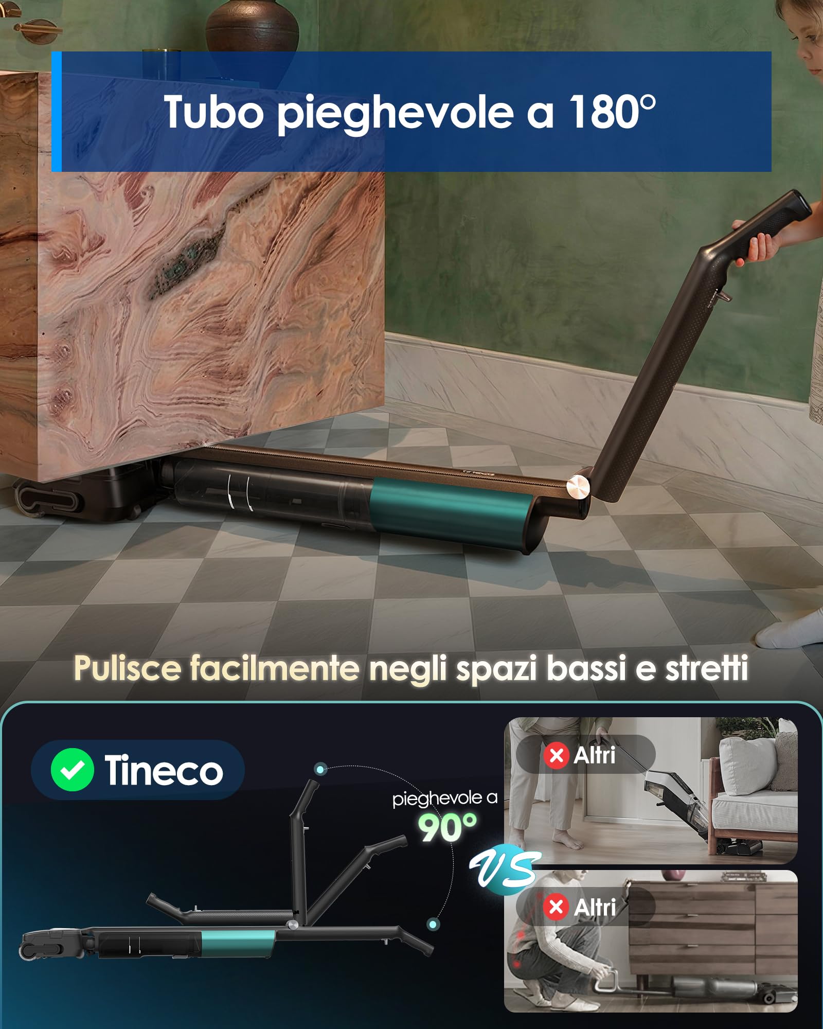 Tineco Floor One i7 Fold Lavapavimenti aspirapolvere senza fili, 22.000Pa, Anti-Groviglio DualBlock, Tubo 180°, FlashDry 85℃, 45 dB Silenzioso, 50min, Pulizia Bordi