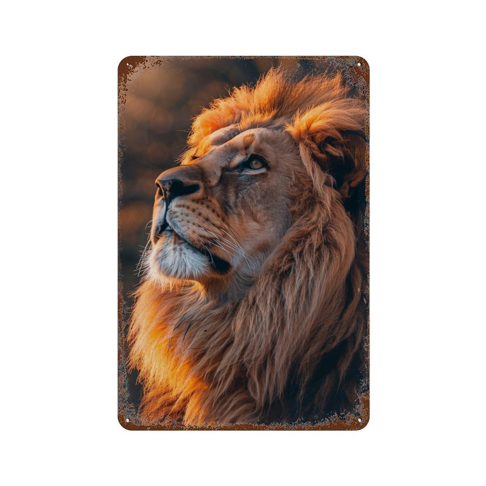 Distressed Metal Wall Sign Golden Lion Portrait 11.8"x7.9", Old School Wall Decor for Bistro, Counter And Cafe Decor