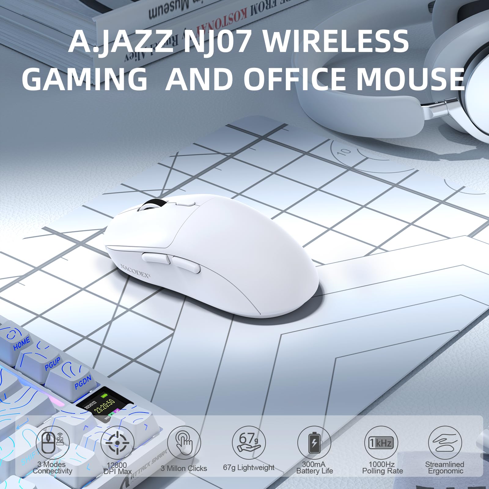 A.JAZZ SUPERLIGHT NJ07 Mouse Wireless Per Computer, BT/2,4G/USB-C, Leggero 67g, 12800 DPI, Batteria da 300 mAh, 1K Polling Rate, Ergonomico, Mouse da Gioco Ufficio Silenzioso e Senza Fili - Bianco