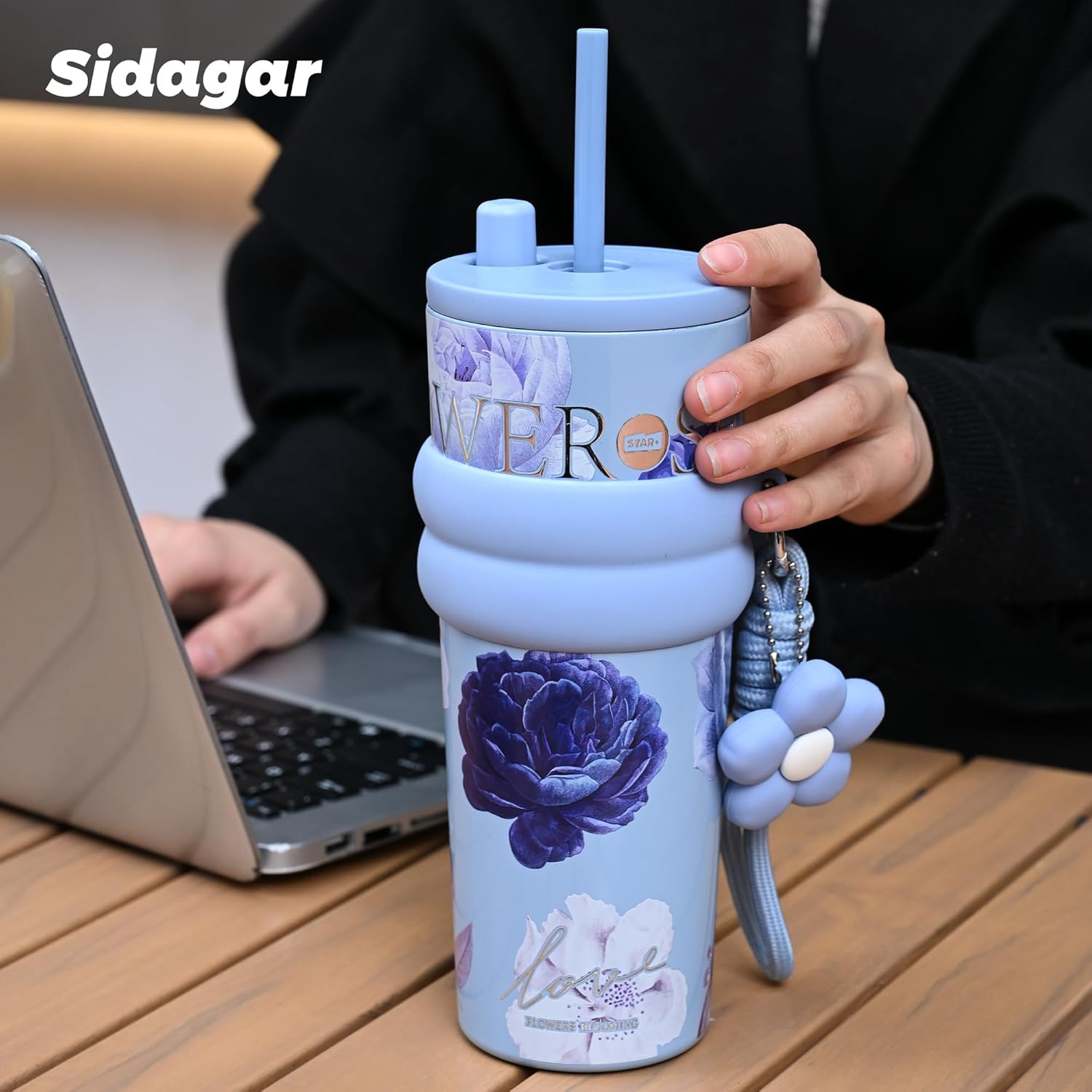 24 oz Stainless Steel Tumbler with Lid and Straw, Insulated Coffee Mug, Leak Proof, Portable Iced Travel Water Bottle, Reusable Thermal Coffee Cup, Floral Blue - Image 4