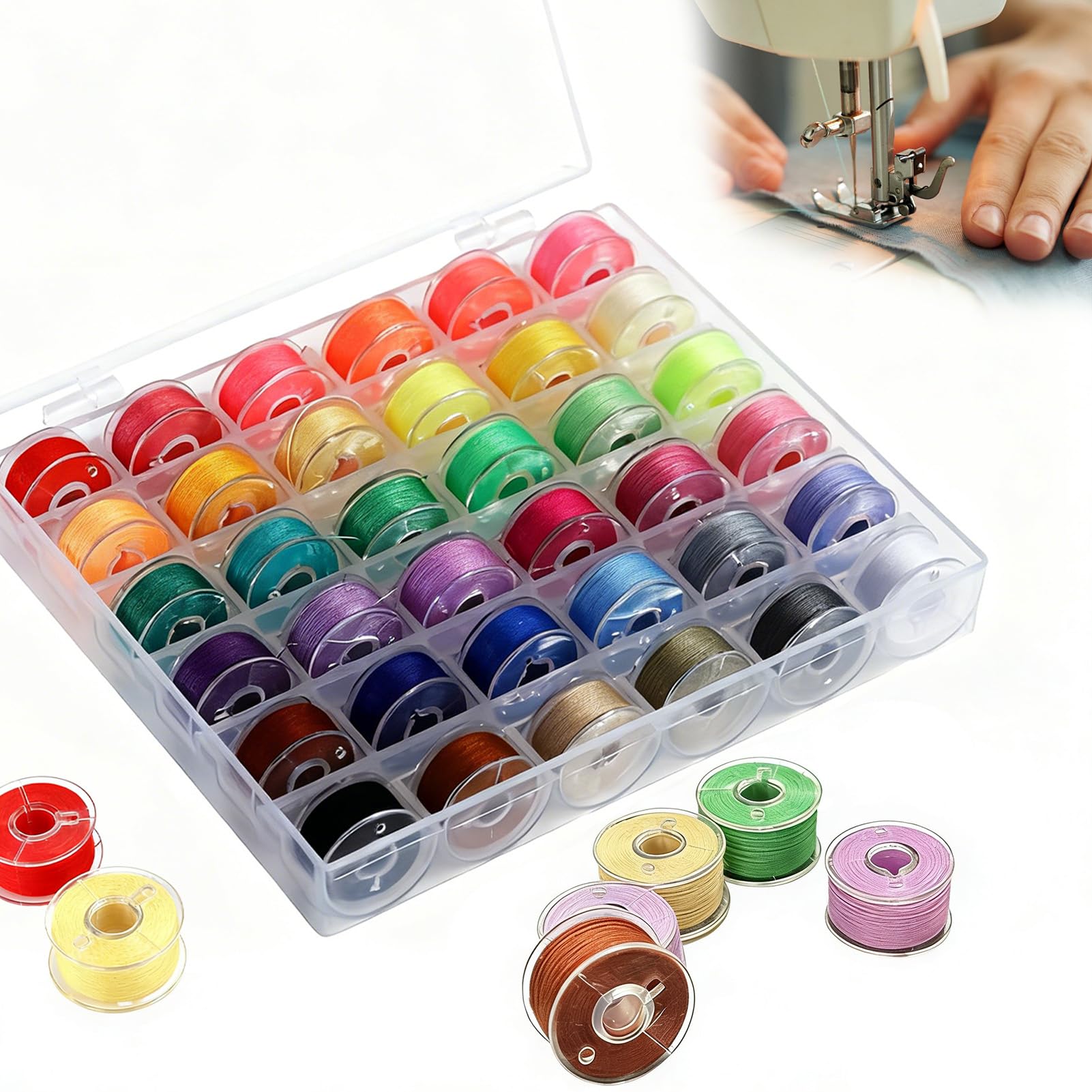 36Pcs Sewing Machine Bobbins Threads, Universal Sewing Thread Kit with Bobbin Case Box, Sewing Machine Accessories Compatible with Brother/Babylock/Janome Sewing Machine(Assorted Colors)