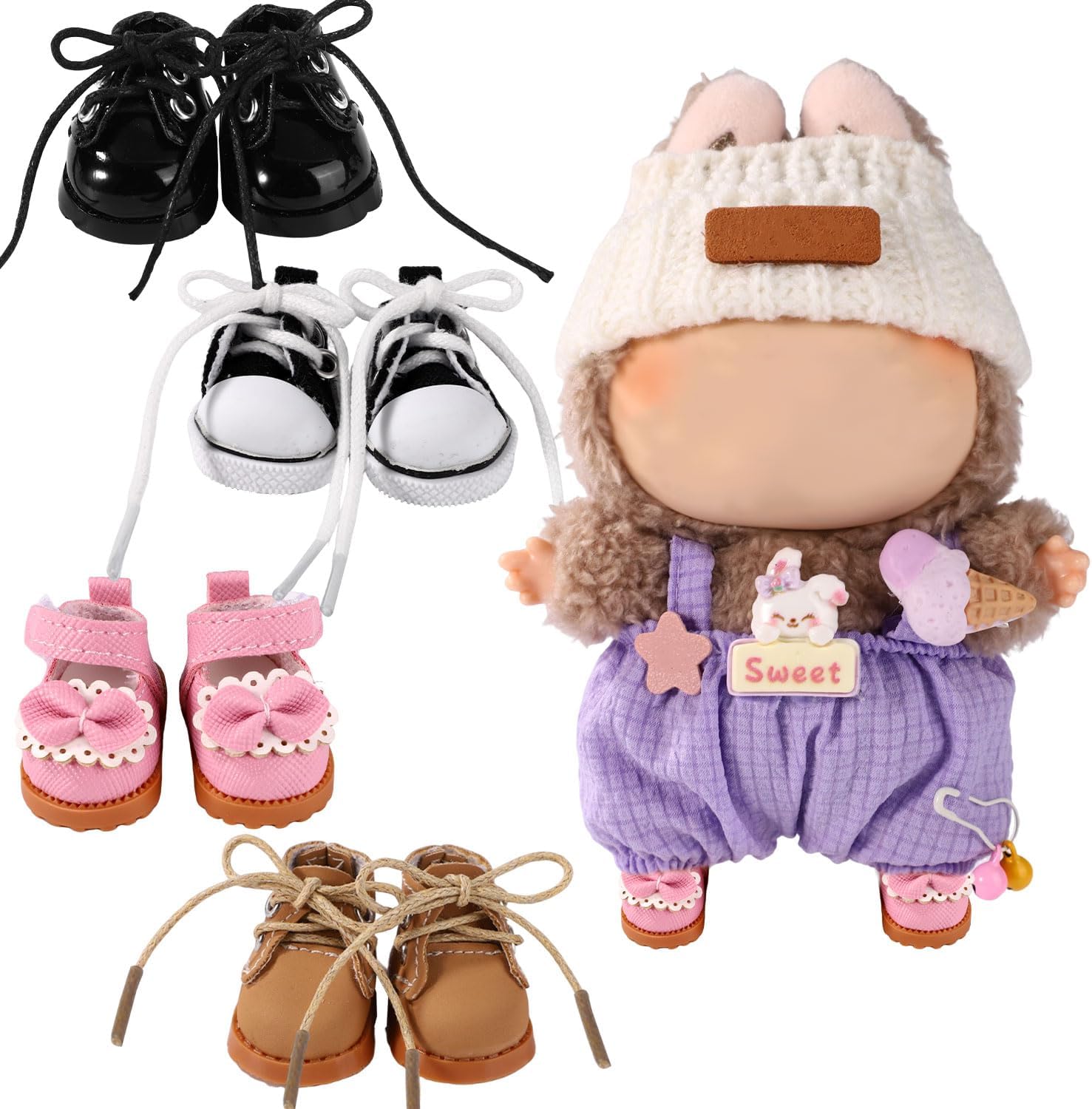 4 Pairs of 17cm Doll Shoes, 4 Style PVC Material Fashion Delicate Cute Mini Doll Clothes Outfits Accessories Include Leather Canvas Princess Shoes and Combat Boots