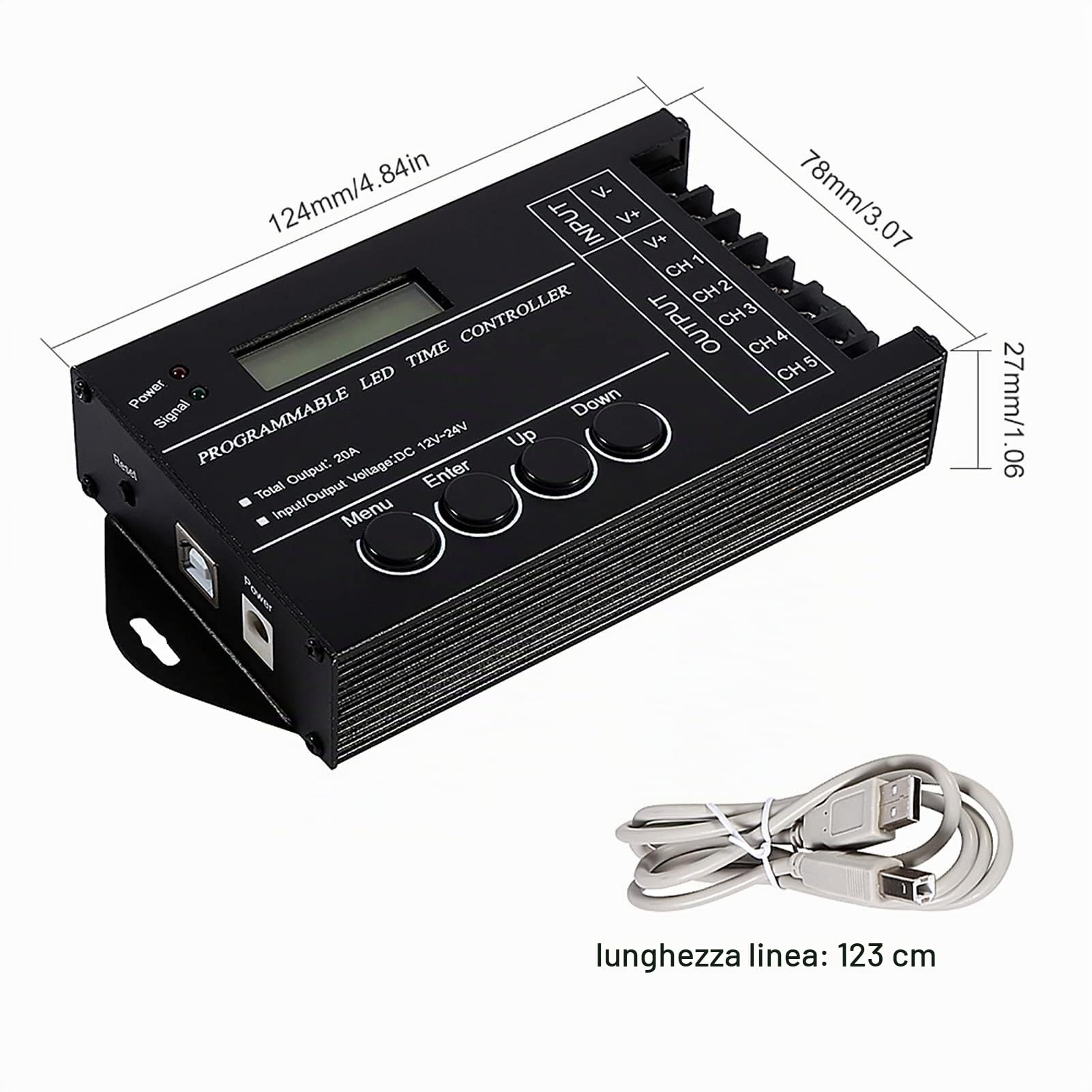 MAGT Timer Programmabile Digital Led Regolatore Per Led, 1 Imposta DC12/24V 20A Timer Digitale Programmabile 5 Canali Regolatore di Tempo a LED Programmabile Regolabile a Colori con Cavo CD USB