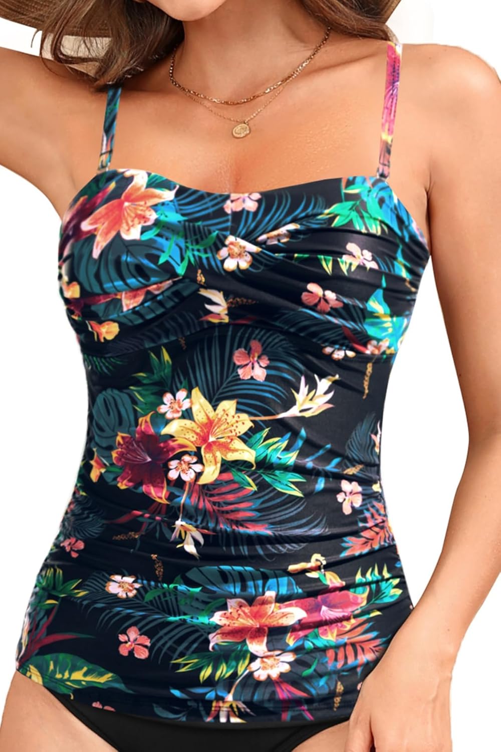 Holipick Tankini Top for Women Twist Front Bandeau Swimsuit Tummy Control Bathing Suit Tops Only No Bottom