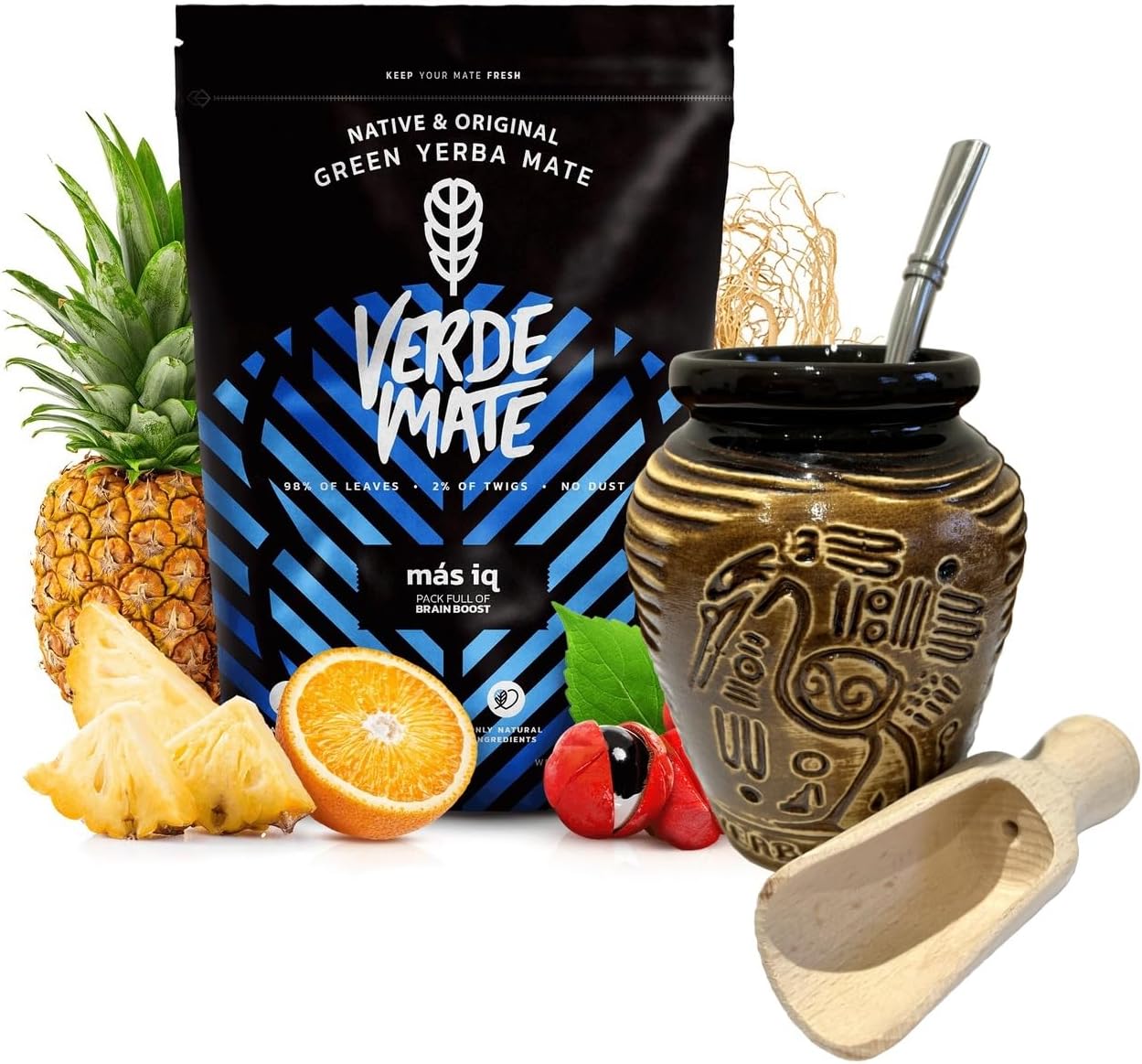 Verde Mate Mas IQ Yerba Mate Tea Set | Natural Strong Energy Drink | Mate Tea Complete Set | Begginer’s Kit | Yerba Mate Verde Mate Mas IQ Booster 500g|Ceramic Bird Cup Gourd 300ml|Stainless Bombilla