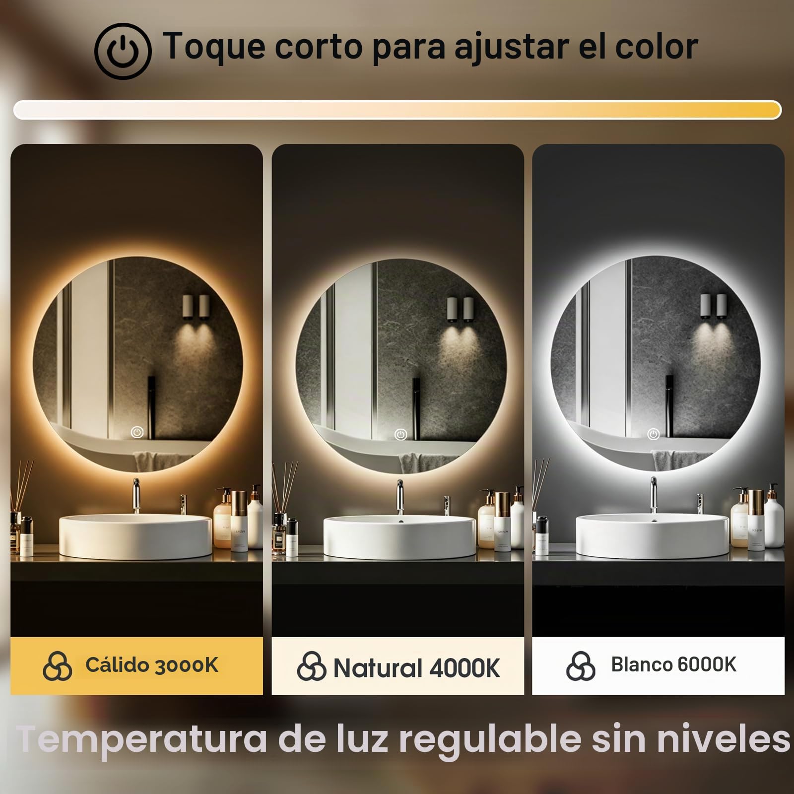 Espejo de baño LED para fregadero, espejo eléctrico redondo de 50 cm con luces retroiluminadas para afeitarse la ducha, montaje en pared sin niebla, iluminación regulable de 3 colores, IP54