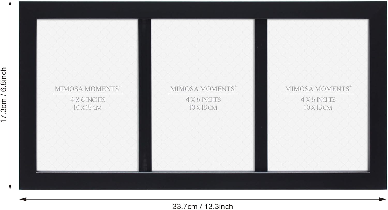 MIMOSA MOMENTS 7x13 Black Collage Picture Frame, 3 Opening Photo Frame for 4x6 Photos, Vertical/Horizontal Wall Mount & Tabletop Display, Modern Wood-Look Frame for Family, Wedding, Travel Memories