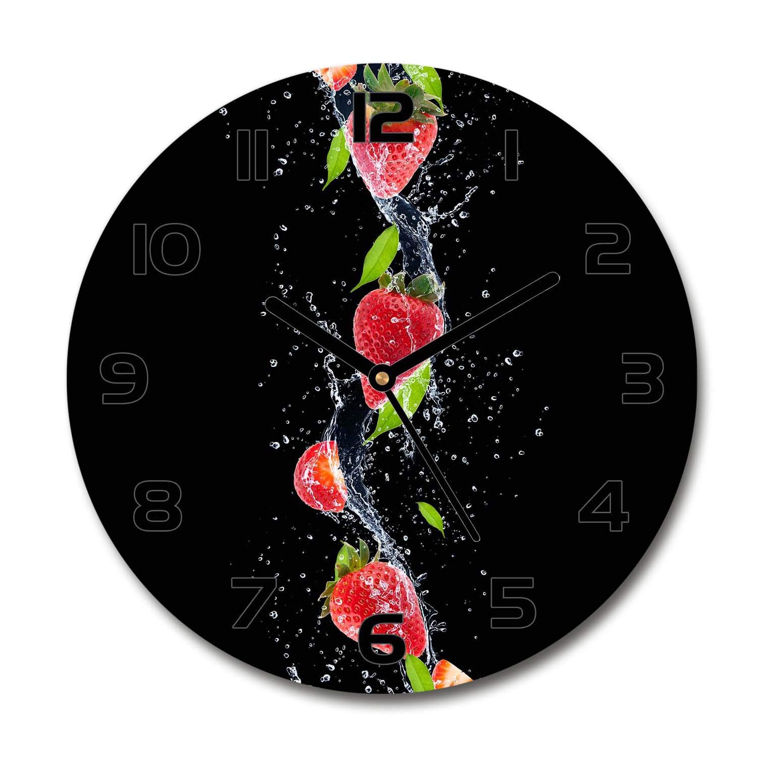 Horloge en verre rond 30cm Tulup - Cadran silencieux avec motif de fraises et eau