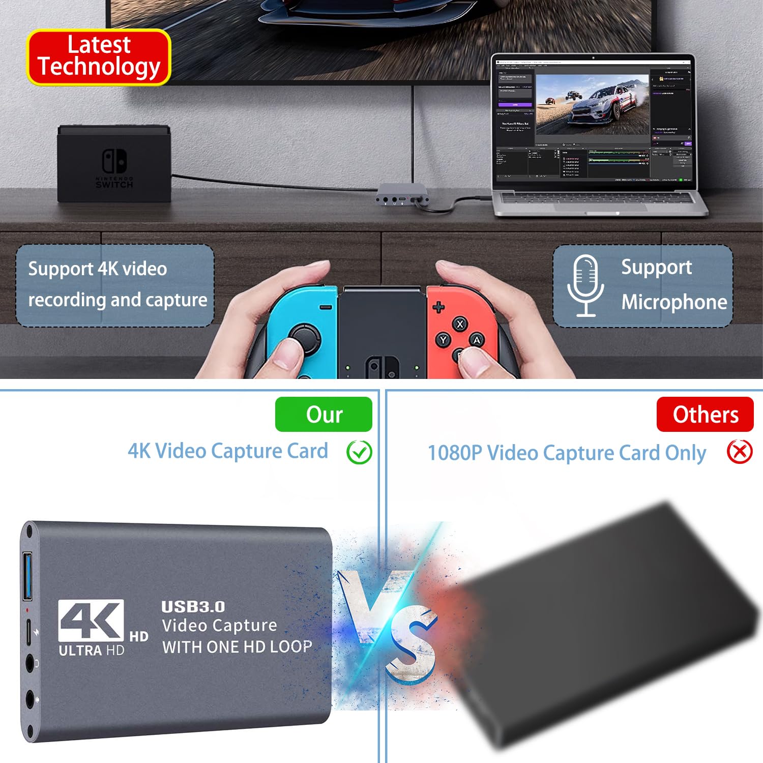 Scheda di acquisizione HDMI 4K, USB3.0 1080P 60 FPS, scheda di acquisizione audio video con microfono, registratore video per Nintendo Switch/PS5/Xbox/OBS/fotocamera/PC, adatta per streaming