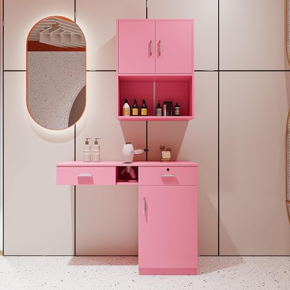 Salon Station Wall Mount Barber Station Salon Stations for Hair Stylist with Appliance Holders Hair Salon Station with Lockable Drawers Salon Cabinet for Beauty Spa (Pink)
