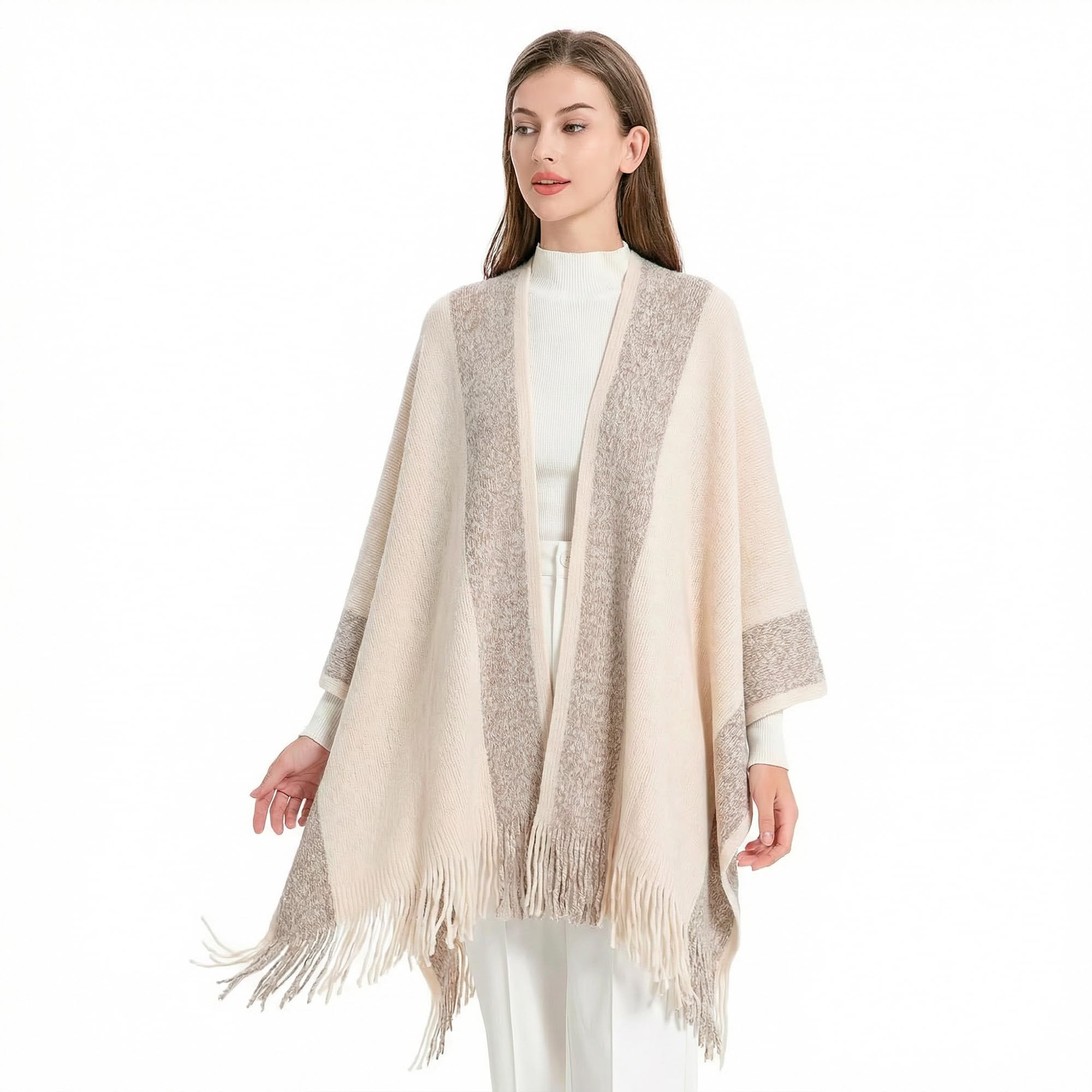 ZLYC Châle en tricot pour femme avec bordure dorée - beige - Taille Unique