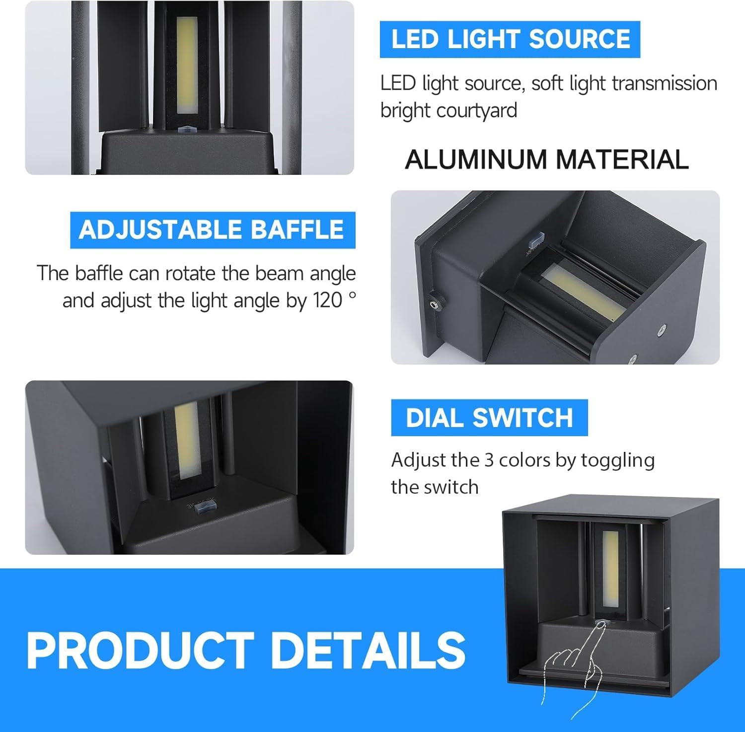 Applique da Parete Cubo 15W LED Nero 11cm | 4 pezzi, 3 colori regolabili, IP65 impermeabile, fascio luce 0-120°, interno ed esterno, design quadrato moderno
