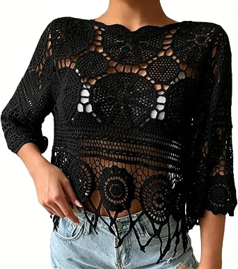 Women's Plain Fringe Trim Cut out Sheer Cover Up,Boho Scallop Trim 3/4 Sleeve Round Neck Cover Up, for Vacation Top