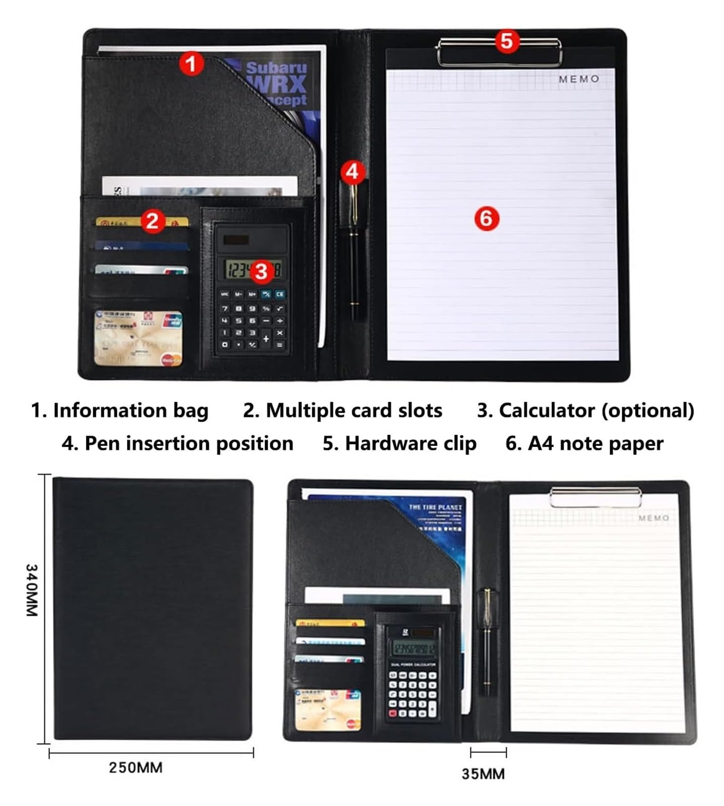 Raccoglitore Portfolio, Raccoglitore assegni aziendali, Raccoglitore ad Anelli Portfolio padfolio A4 con Cartella in Pelle Organizer for Documenti aziendali Senza calcolatrice Blu