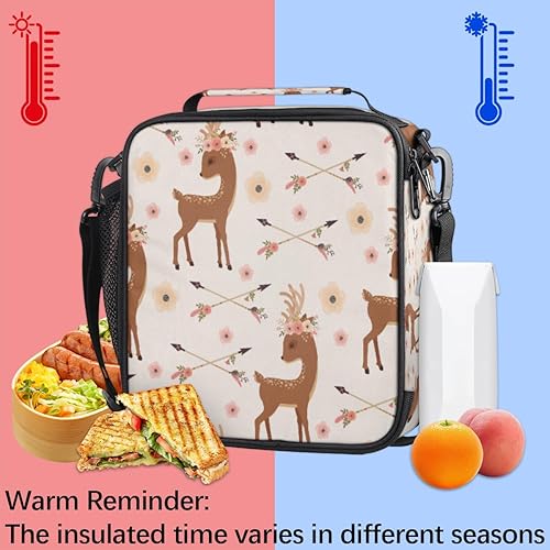 Miniatura 6 de Lonchera con diseño de ciervos y animales para niños, lonchera con estampado floral y flores para niñas y niños, lonchera congelable con correa