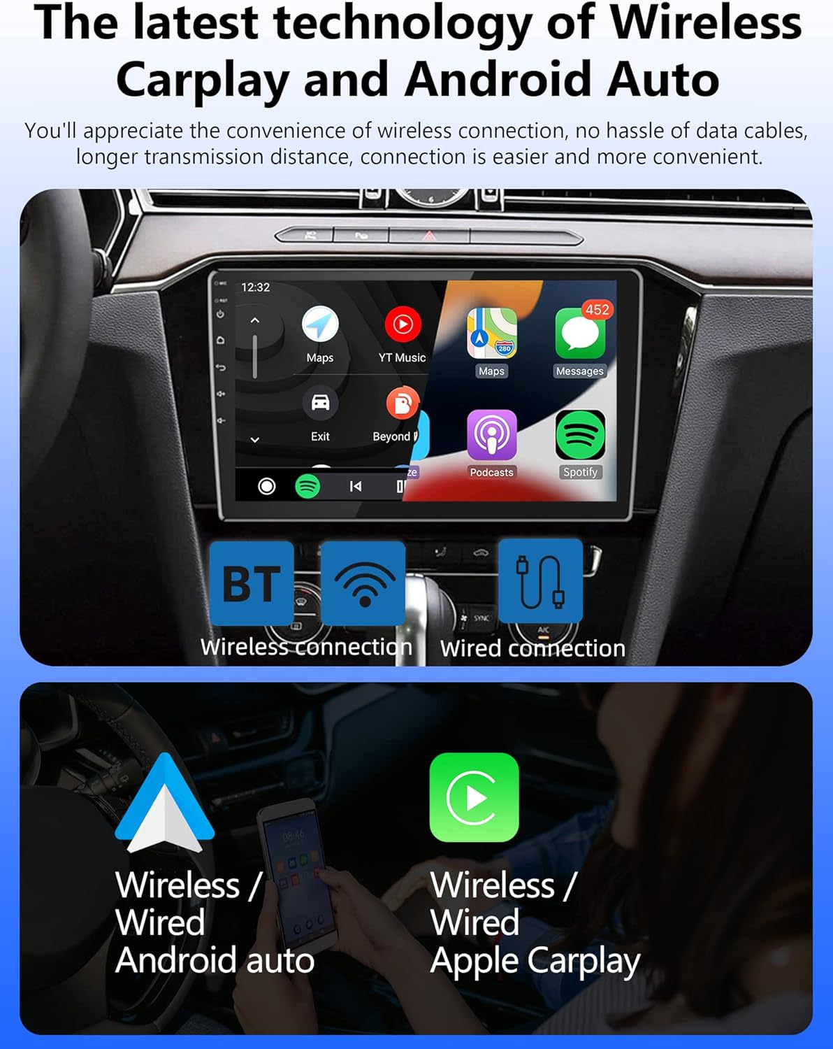 10 Inch Android Car Stereo Double Din with Wireless Carplay Android Auto, Touch Screen Car Radio Supports GPS Navigation, WiFi, Hi-Fi Sound, FM/RDS Radio, Split Screen+ Backup Camera : Electronics
