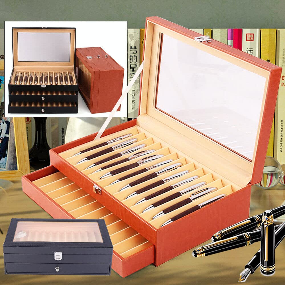 Boîte à crayons 24/36 emplacements pour stylos - Vitrine avec fenêtre d'affichage - Boîte de rangement pour stylos à bille (24 embouts noir)