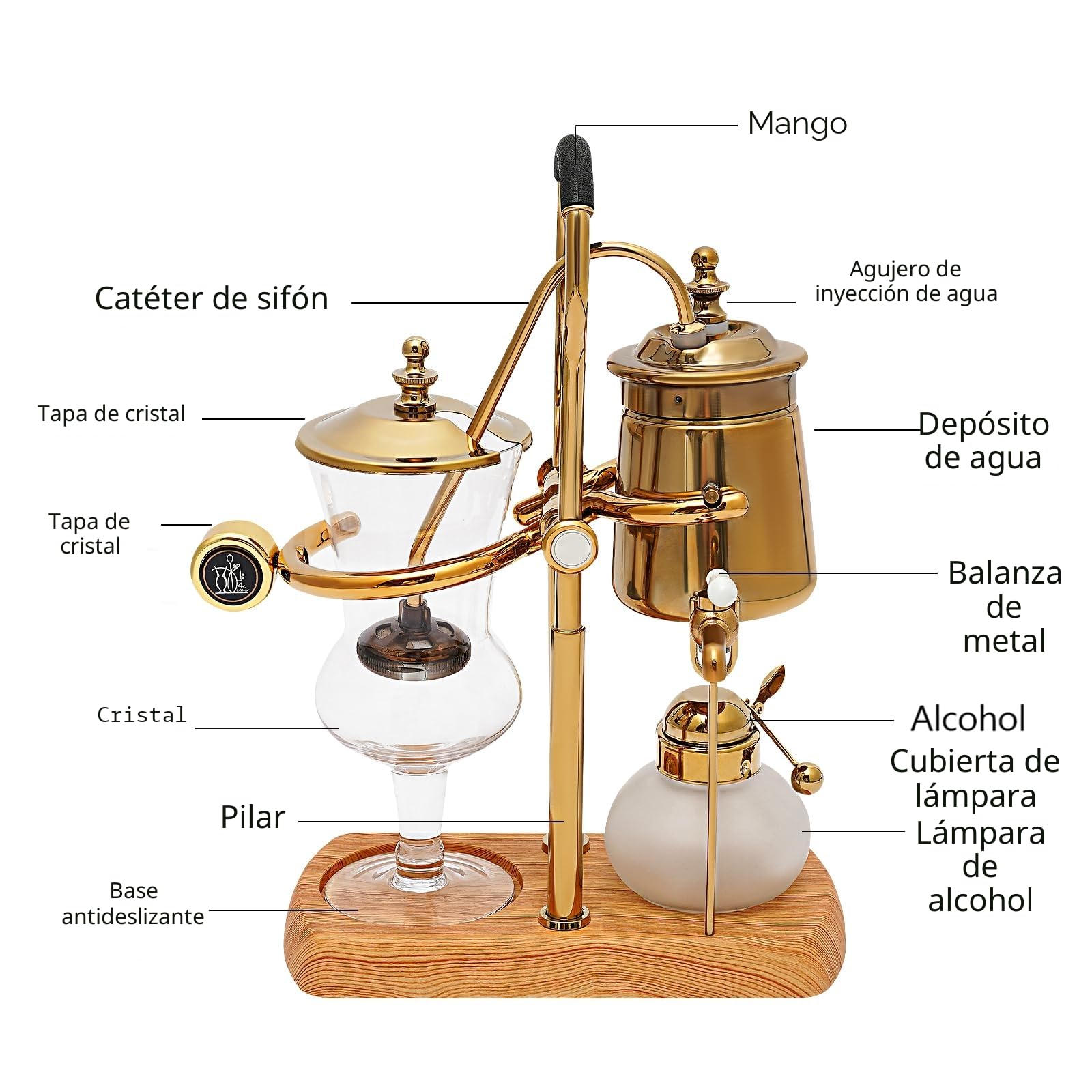 Cafetera de café con sifón de cristal, 4 tazas/400 ml, set de cafetera al vacío con base de madera natural y pomo de tapa, sifón belga para café y té (dorado)