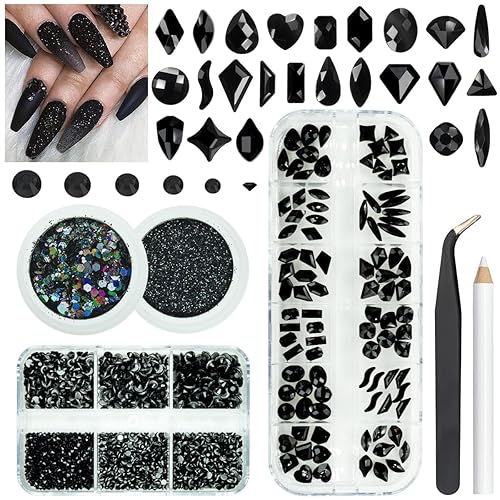 4 Boxes Jet Black Nail Rhinestones and Glitters 24 Shapes