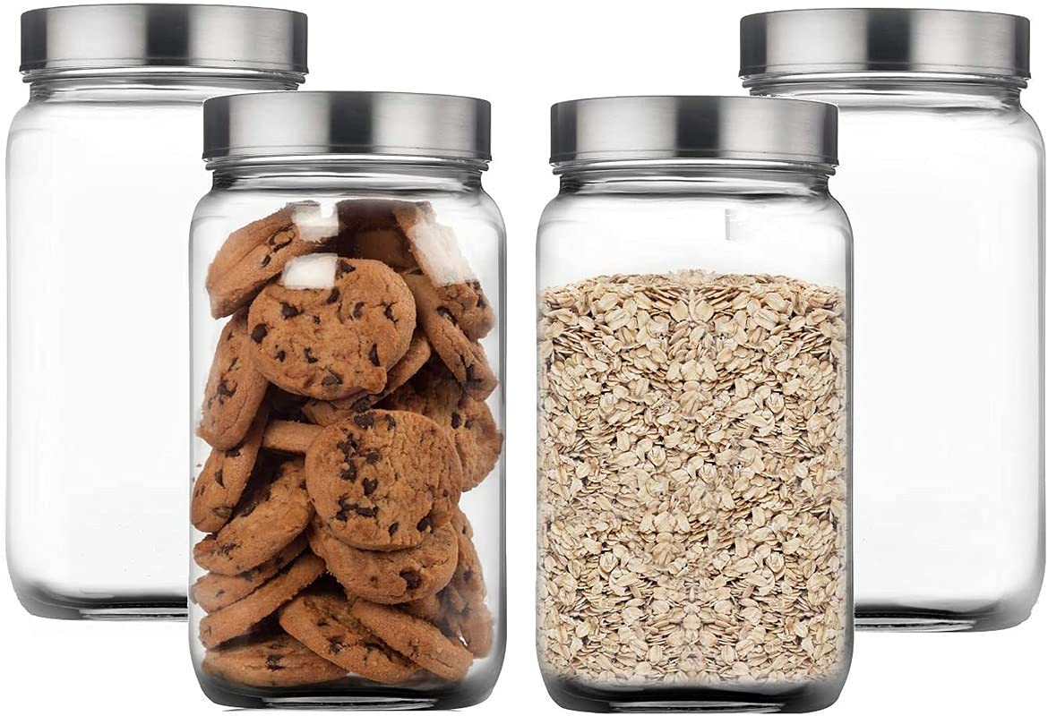 Piramal Glass 4-Piece Cube Glass Container 1800Ml, Glass Jar With Air Tight Stainless Steel Lid For Kitchen Storage (1800Ml) (Set Of 4),Transparent