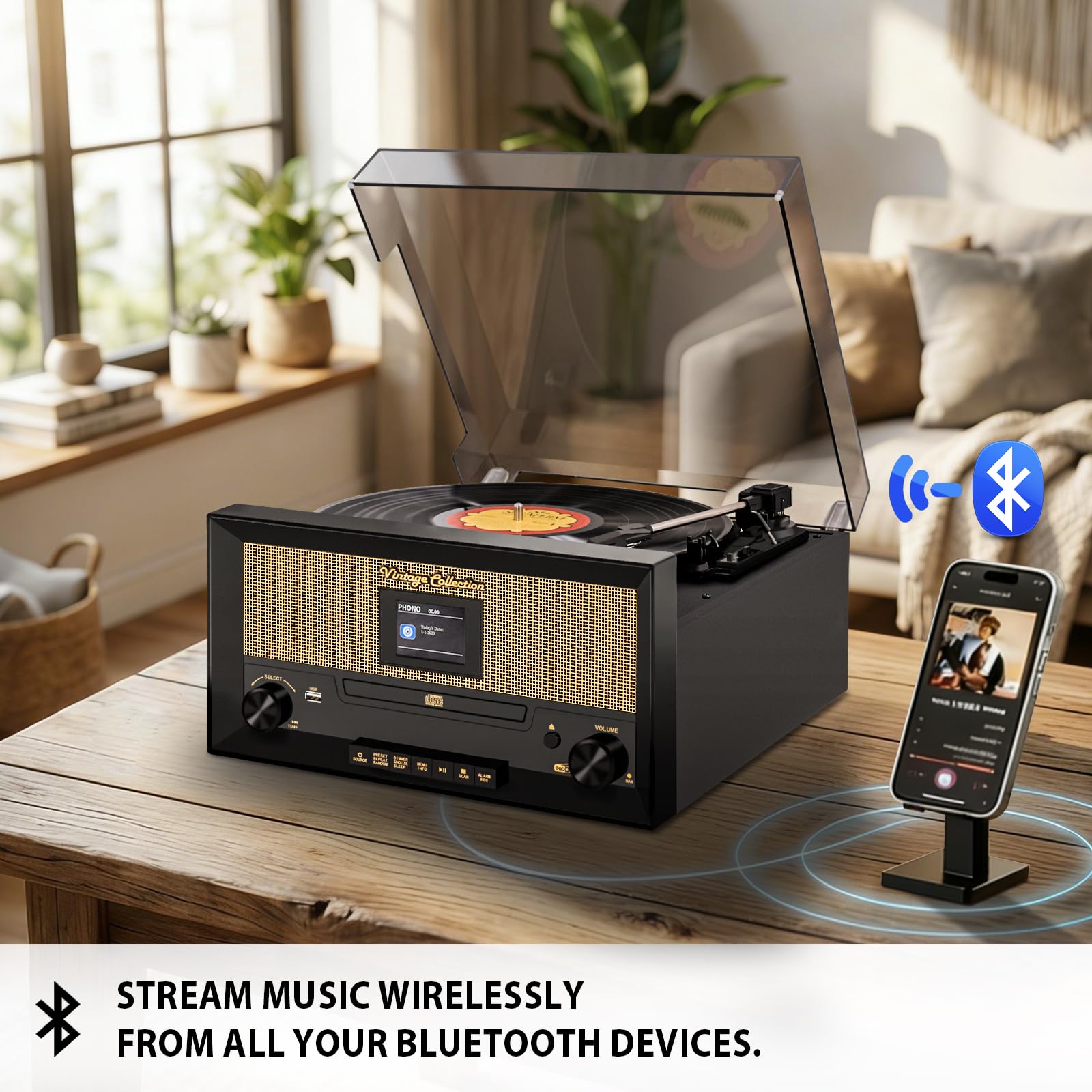 Lettore CD e vinile 9 in 1, giradischi Bluetooth, giradischi a 3 velocità, lettore CD, radio FM e DAB, riproduzione/registrazione USB, ingresso AUX, uscita RCA e jack per cuffie per la decorazione