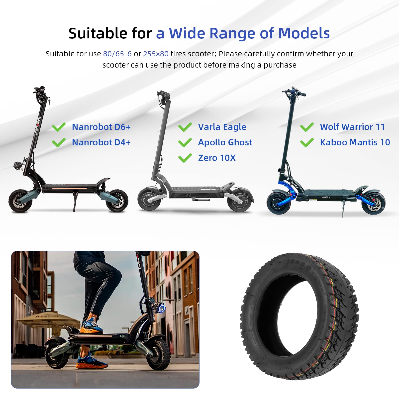 Joyor Varla Eagle Apollo Ghost Zero 10x3 Offroad-Reifen mit integriertem Live-Gummi (2er Pack) reparierbar Kaabo WOLF WARRIOR MANTS Motorrad 80/65-6,255x80 Reifen