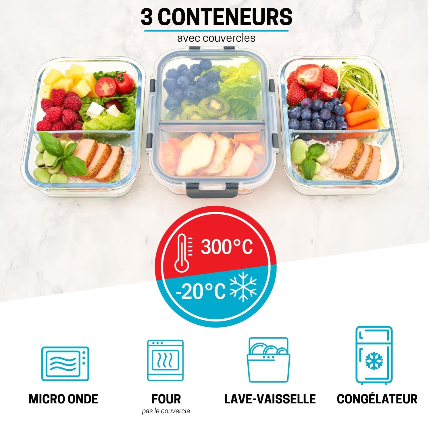 Igluu Meal Prep Boîtes Repas en Verre à 2 compartiments (Lot de 3) – Couvercle hermétique et sans BPA – Compatibles micro-ondes, four, congélateur et lave-vaisselle – 980 ml – Verre Borosilicate