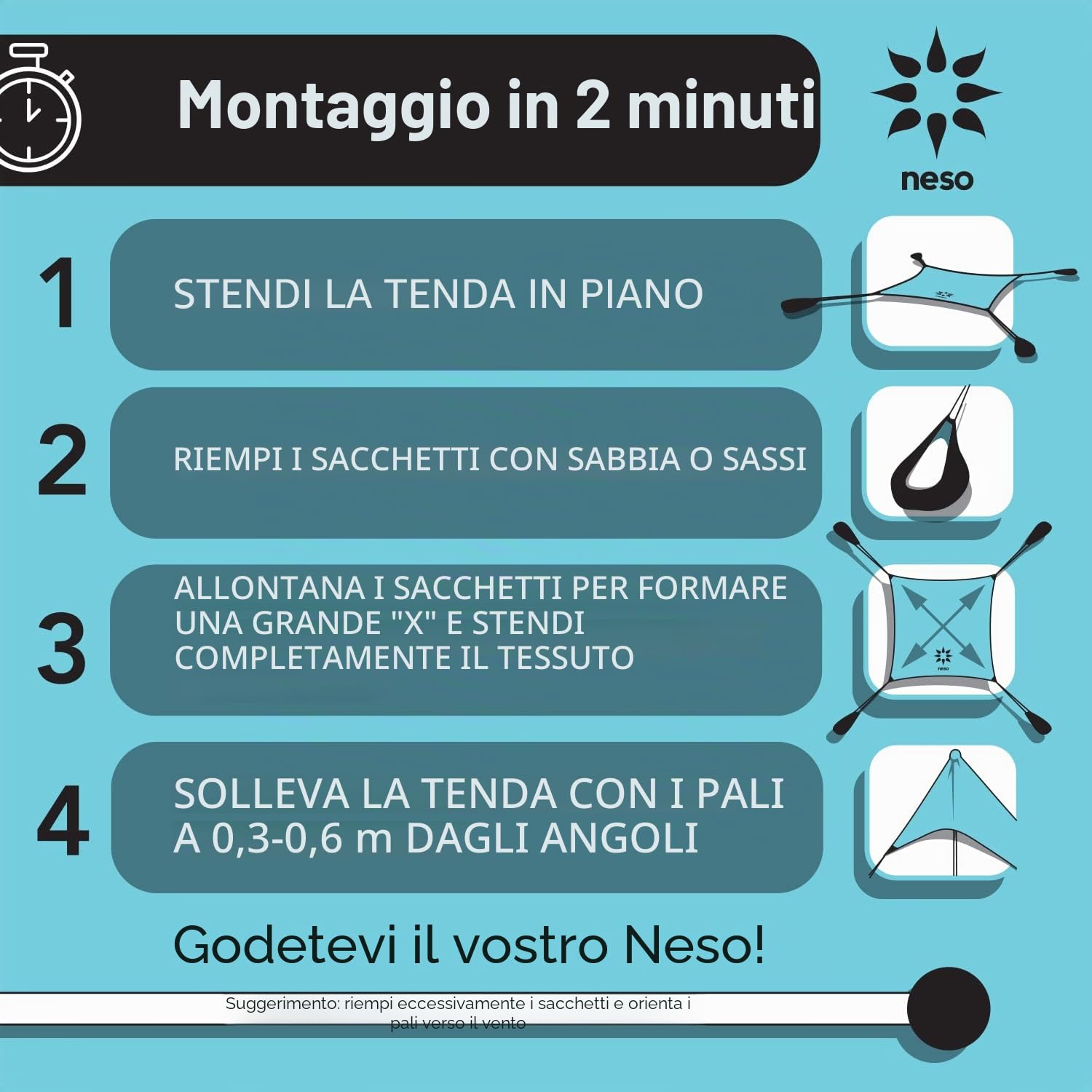 Tenda da spiaggia Neso Tents con ancoraggio a sabbia, parasole portatile - 2.1m x 2.1m - Angoli rinforzati brevettati (Blu Pervinca)