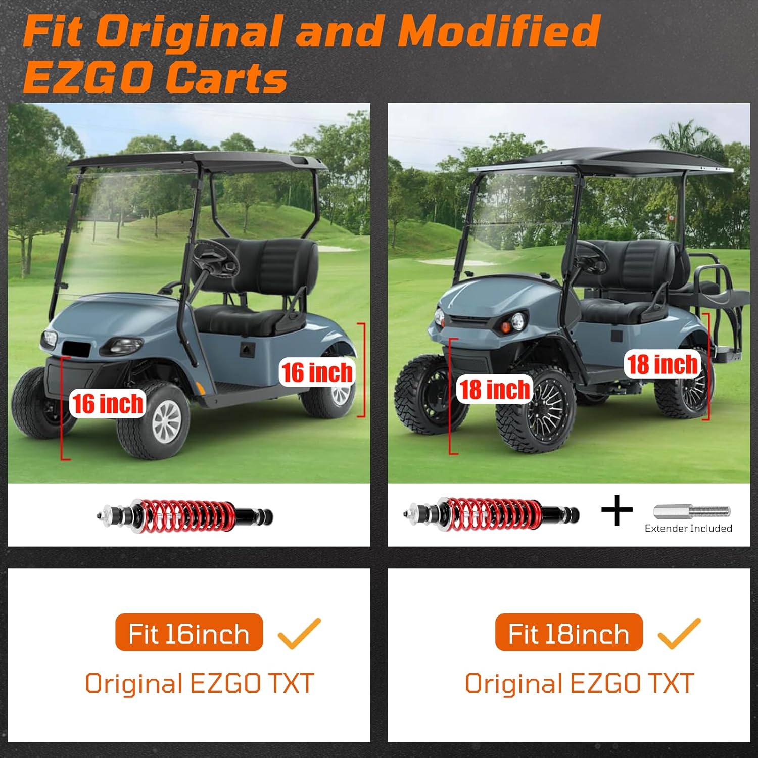 Golf Cart Shocks with Heavy Duty Coil Springs for 1994+ EZGO TXT/Medalist G&E Model, Replace E-Z-GO Front or Rear Absorbers OEM# 70928-G01 76418-G01 Included Extender for Lifted Cart - Red