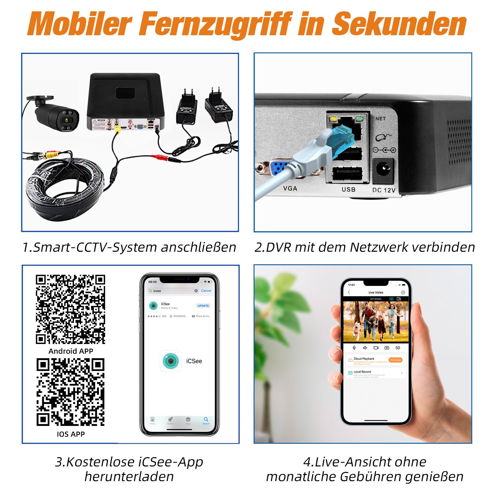 4-Kanal CCTV Überwachungs-DVR mit 500 GB HDD, 4 Ch 5MP H.265+ DVR Video-Recorder für Analog XVI AHD TVI IP-Kameras, DVR für Sicherheitskamera-Überwachungssystem für zu Hause, Mobile APP & PC(P-System)