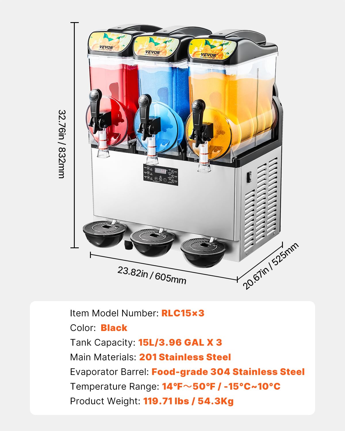 VEVOR Macchina per Bevande Ghiacciate Commerciale, Macchina per Granita Slushy a Triplo Serbatoio 15 Litri x 3 per Frullati in Acciaio Inox da Ristoranti, Bar, Caffetterie