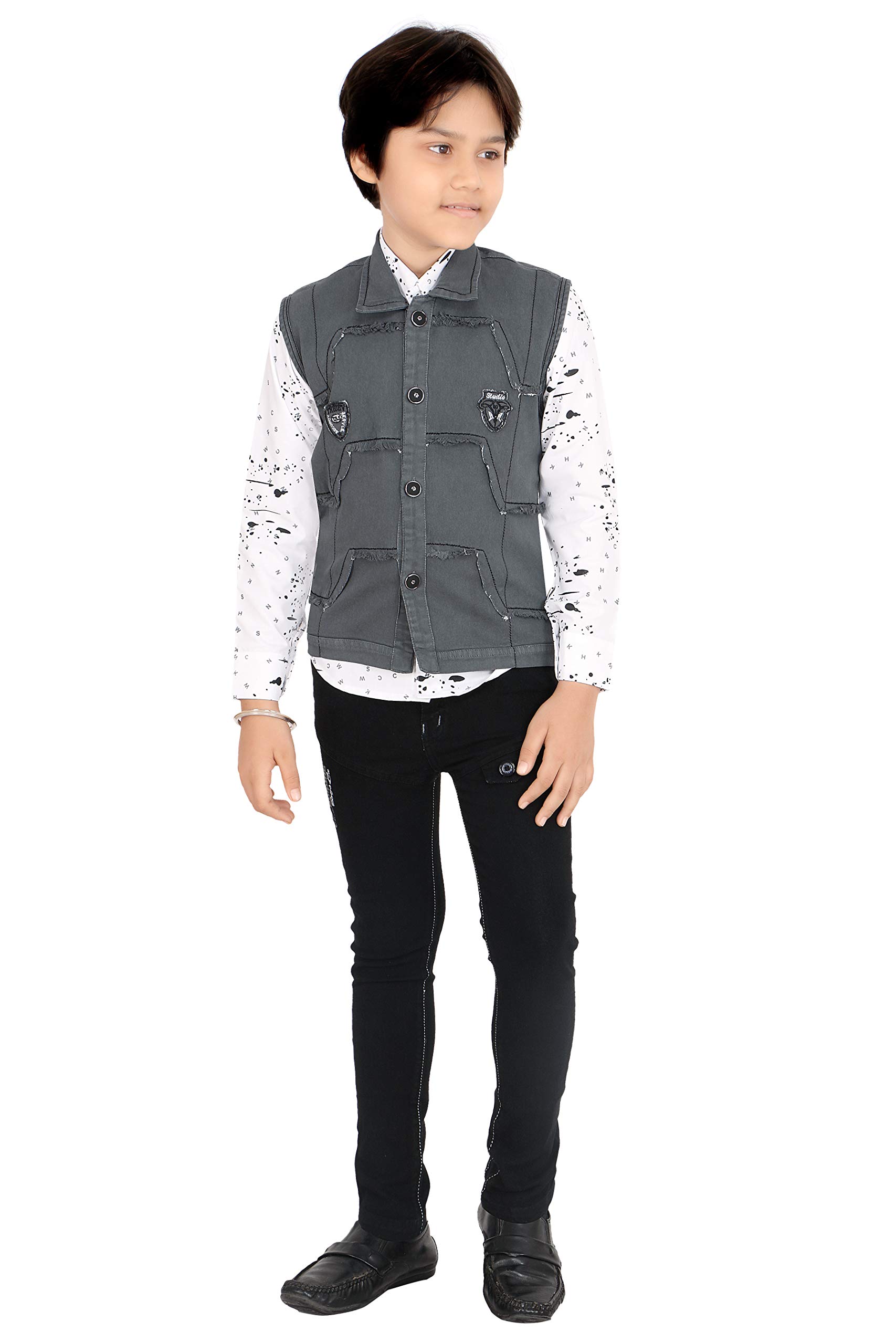 Z&G Boys Suit Set of 3 with Sleeveless Grey Denim Jacket,Pants & Full Sleeves White Shirt