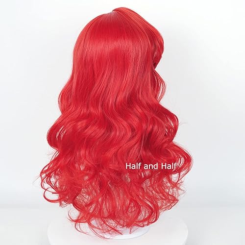 Miniatura 5 de Pelucas de sirena para niños y niñas, 21 pulgadas de largo, peluca de sirena rizada roja para niños, pelucas onduladas con clip de estrella de mar y